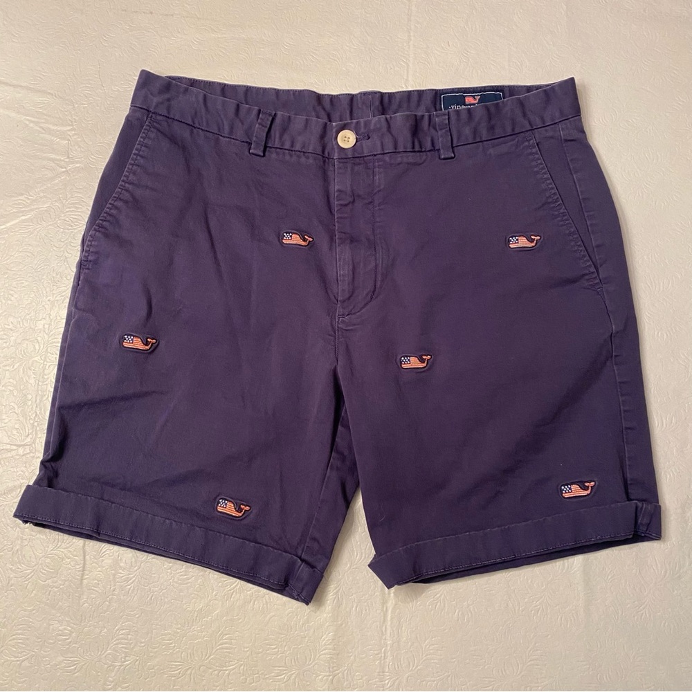 Vineyard Vines Men’s Breaker Shorts- Blue with Embroidered USA Whales- Size 34